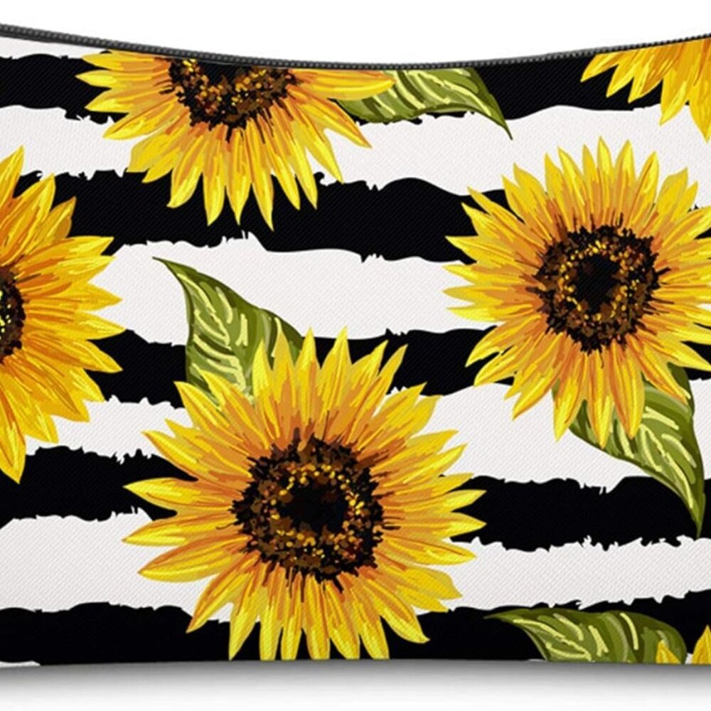 Cute Travel Makeup Bag Cosmetic Bag Small Pouch Gift for Women Stripes Sunflower